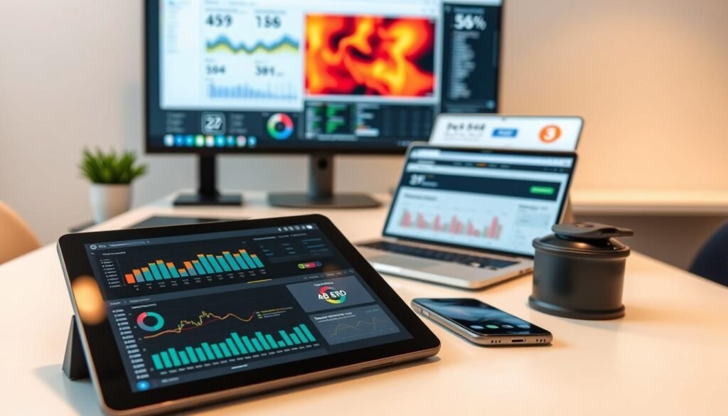 A modern and functional office workspace, with an assortment of digital marketing tools and conversion optimization software laid out on a clean, minimalist desk. In the foreground, a high-quality digital tablet, stylus, and smartphone display various analytics dashboards and optimization interfaces. In the middle ground, a laptop showcases a webpage with A/B testing results and CRO recommendations. The background features a large monitor displaying a heat map visualization and other conversion-focused metrics. Soft, indirect lighting creates a professional, analytical atmosphere, emphasizing the importance of these conversion-boosting tools and technologies.