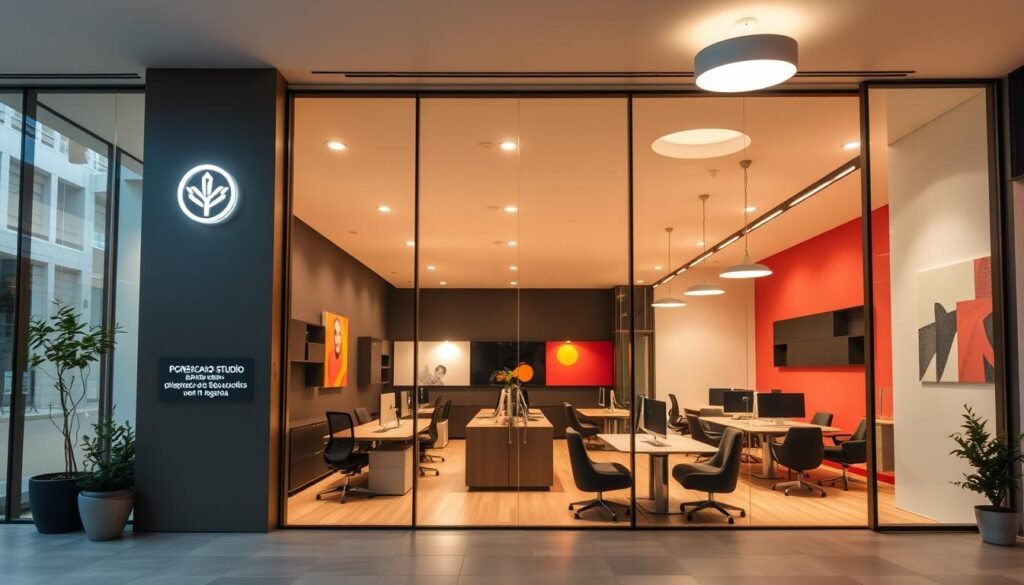 Un estudio de diseño web elegante y moderno en Bogotá, con un espacio de oficina minimalista y bien organizado. La fachada principal cuenta con ventanales que van del suelo al techo, lo que permite que la luz natural inunde el interior. Un logotipo limpio y minimalista adorna la entrada, complementado con una señalización sencilla y elegante. El interior, con un diseño abierto y acogedor, cuenta con estaciones de trabajo ergonómicas y una zona de estar colaborativa. Los vibrantes toques de color, como las paredes acentuadas o las obras de arte modernas, aportan un toque visual atractivo. La iluminación combina lámparas de techo cálidas y ambientales con iluminación de trabajo enfocada en las estaciones de trabajo. El ambiente general transmite profesionalismo, creatividad y compromiso con la prestación de servicios de diseño web accesibles y de alta calidad a la comunidad bogotana.