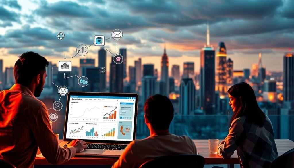 A vibrant, dynamic scene depicting effective strategies for converting website visitors into paying customers. In the foreground, a team of digital marketers brainstorming ideas, surrounded by icons and infographic elements symbolizing conversion tactics like lead capture, A/B testing, and personalized offers. The middle ground features a laptop displaying web analytics and conversion rate data, illuminated by a warm, directional light source. In the background, a stylized cityscape represents the broader digital landscape, with skyscrapers representing industry verticals and a cloudy sky conveying the ever-evolving nature of online business. The overall mood is one of strategic focus, analytical rigor, and a drive towards maximizing customer acquisition and retention.