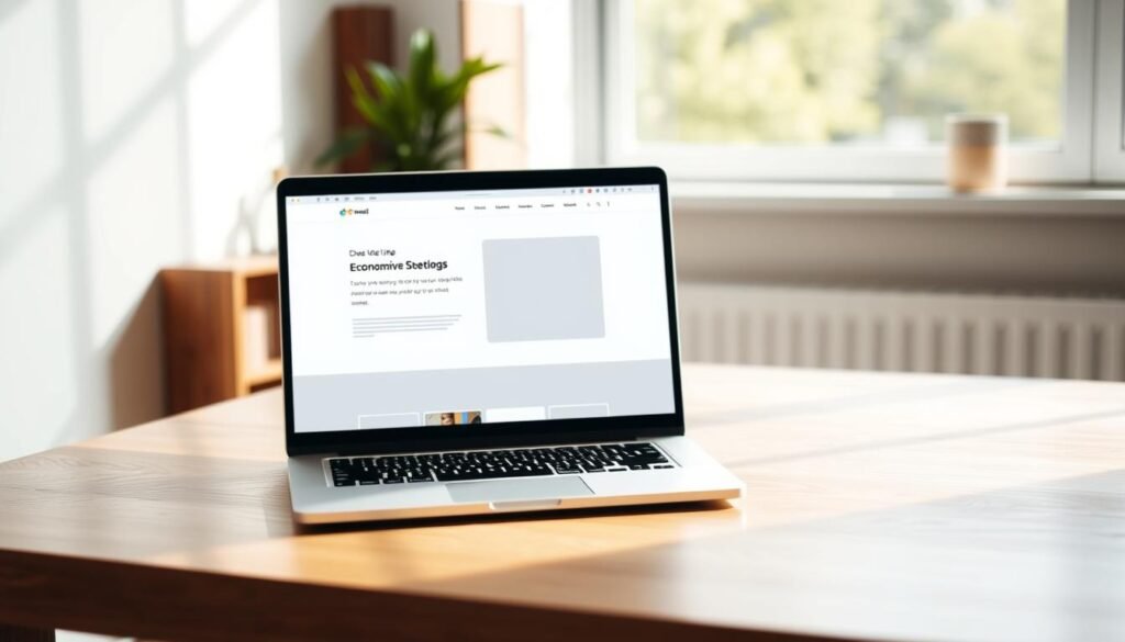 Un diseño web económico con una estética limpia y minimalista. Una laptop colocada sobre un escritorio sencillo de madera, cuya pantalla muestra un diseño web con una elegante estructura de cuadrícula adaptable y sutiles acentos de color. Una suave luz natural se filtra a través de una gran ventana, proyectando sombras cálidas y difusas sobre la superficie del escritorio. Al fondo, una estantería o una maceta desenfocada añaden un toque de vegetación, creando un ambiente de trabajo sereno y productivo. La escena general transmite una sensación de eficiencia, accesibilidad y rentabilidad, lo que refleja el enfoque del artículo en la creación de páginas web asequibles y efectivas.