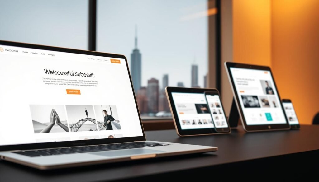 Low-cost website design showcasing successful case studies: a modern, minimalist web interface with clean lines and a serene, professional atmosphere. Sleek laptop display in the foreground, showcasing elegant website layouts in neutral tones. In the middle ground, tablet devices displaying responsive mobile designs. The background features a stylized city skyline, hinting at the global reach of these affordable web solutions. Warm, directional lighting creates depth and highlights the crisp, high-quality visuals. An overall sense of efficiency, accessibility and tangible business results.