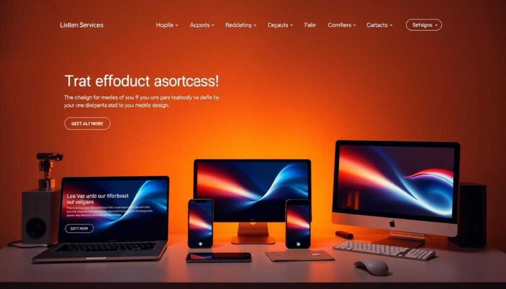 Vibrant, minimalist website pages with clean, modern layouts showcasing diverse services. Crisp, high-resolution imagery of sleek laptop screens, mobile devices, and desktop computers arranged in a stylized, visually appealing composition. Subtle warm lighting illuminates the scene, casting a professional, aspirational atmosphere. Muted, earthy color tones create a premium, sophisticated feel. Carefully positioned product shots and elegant typography convey the quality and value of the affordable web design services on offer.