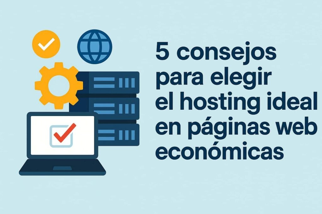 lustración digital con laptop, servidores y engranaje mostrando consejos para elegir hosting económico