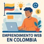 Emprendimiento web en Colombia, ilustración de un joven trabajando en su laptop con la bandera de Colombia y símbolos de innovación y negocios