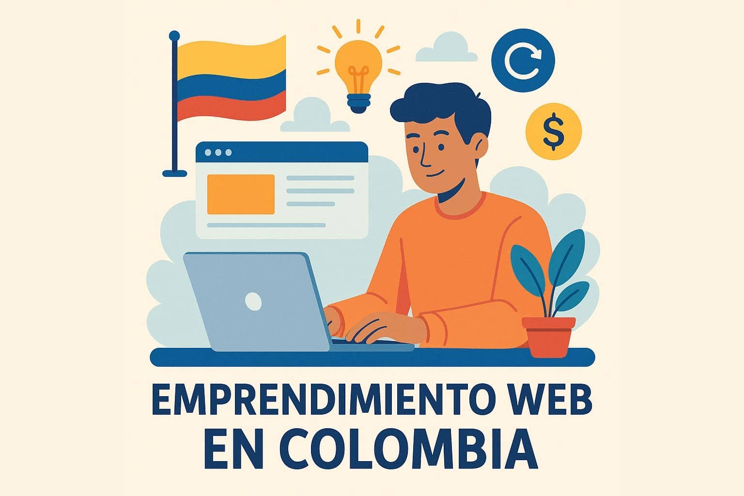 Emprendimiento web en Colombia, ilustración de un joven trabajando en su laptop con la bandera de Colombia y símbolos de innovación y negocios