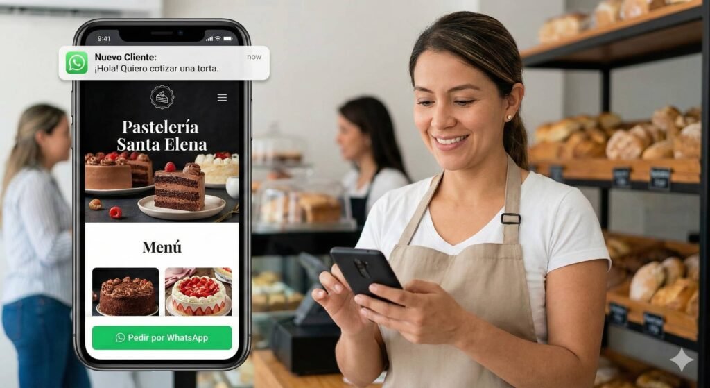 Emprendedora colombiana recibiendo mensajes de clientes en su celular gracias a un diseño web pago unico de una sola página.