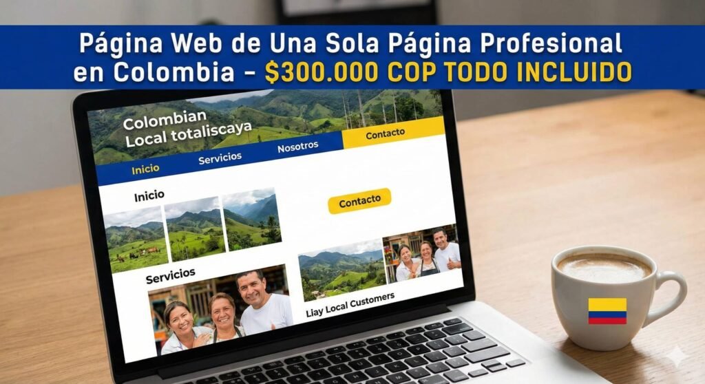 Ejemplo en computador de una página web profesional de una sola página para Colombia, destacando nuestro plan de diseño web pago unico de 300 mil pesos todo incluido.