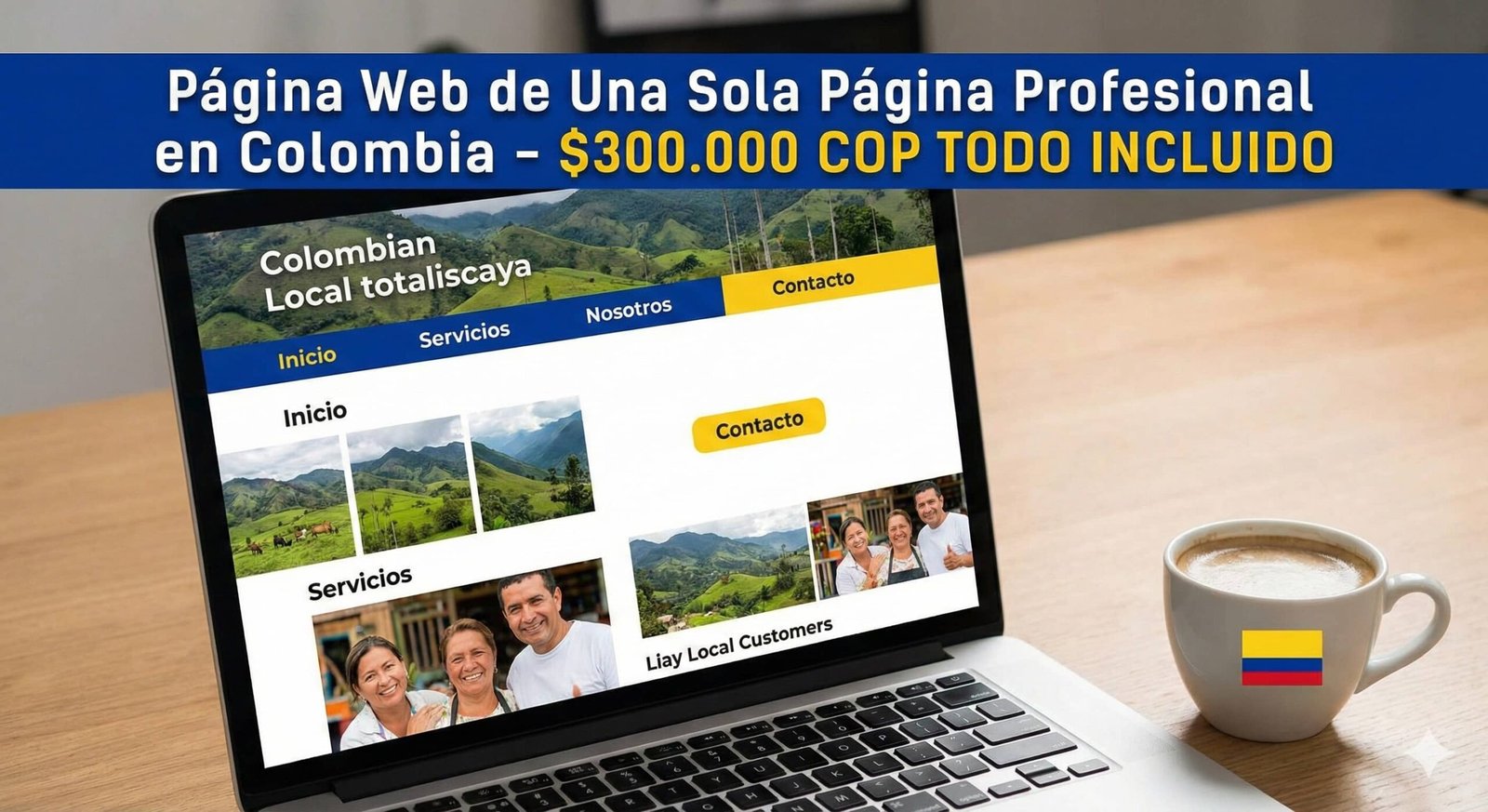 Ejemplo en computador de una página web profesional de una sola página para Colombia, destacando nuestro plan de diseño web pago unico de 300 mil pesos todo incluido.